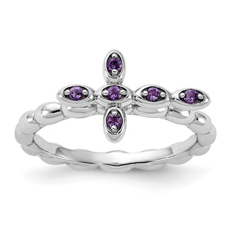 Exclusive Rhodium-Plated Amethyst Cross Ring in Sterling Silver - Stylish Stackable Design