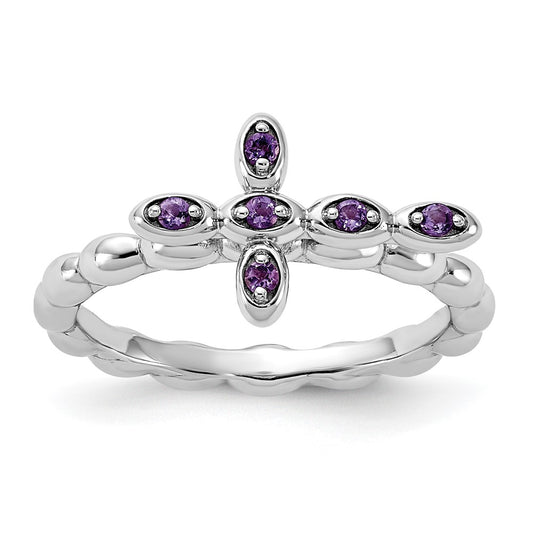 Shop Stylish Rhodium-Plated Amethyst Cross Ring - Sterling Silver Stackable
