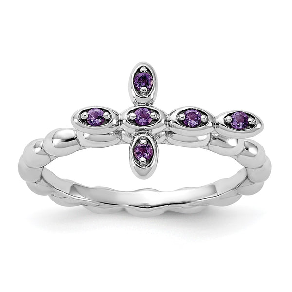 Rhodium-Plated Amethyst Cross Ring in Sterling Silver - 14K