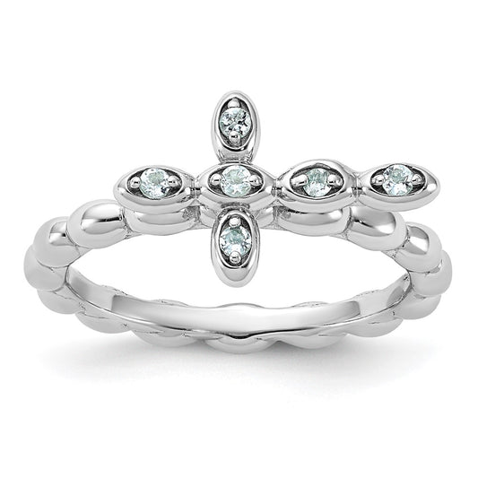 Exclusive Rhodium-Plated Aquamarine Cross Ring - Stylish Sterling Silver Jewelry
