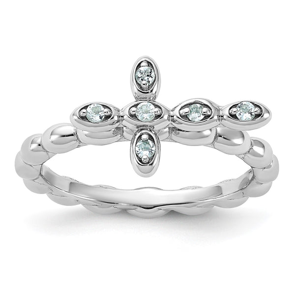 Rhodium-Plated Aquamarine Cross Ring - Sterling Silver Stackable