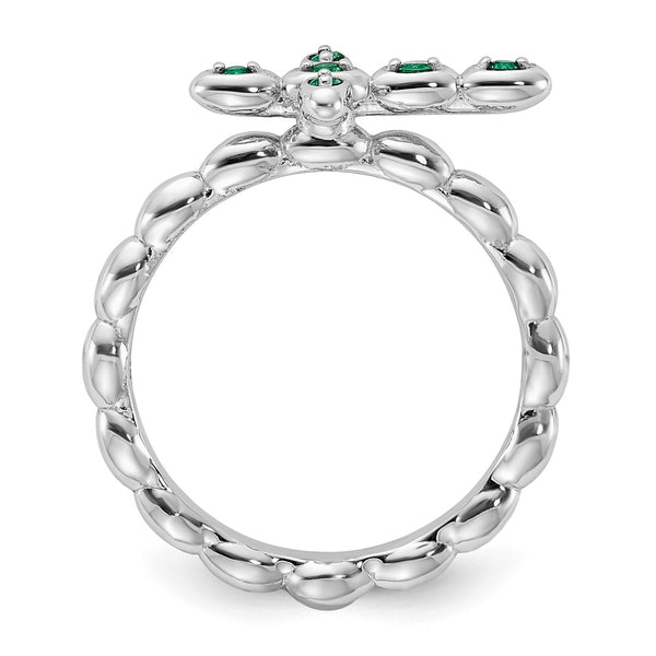 Rhodium-Plated Sterling Silver Stackable Emerald Cross Ring