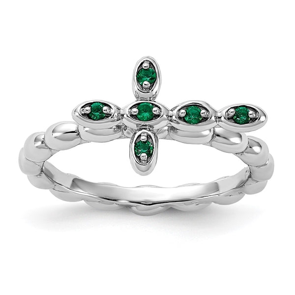 Rhodium-Plated Sterling Silver Stackable Emerald Cross Ring