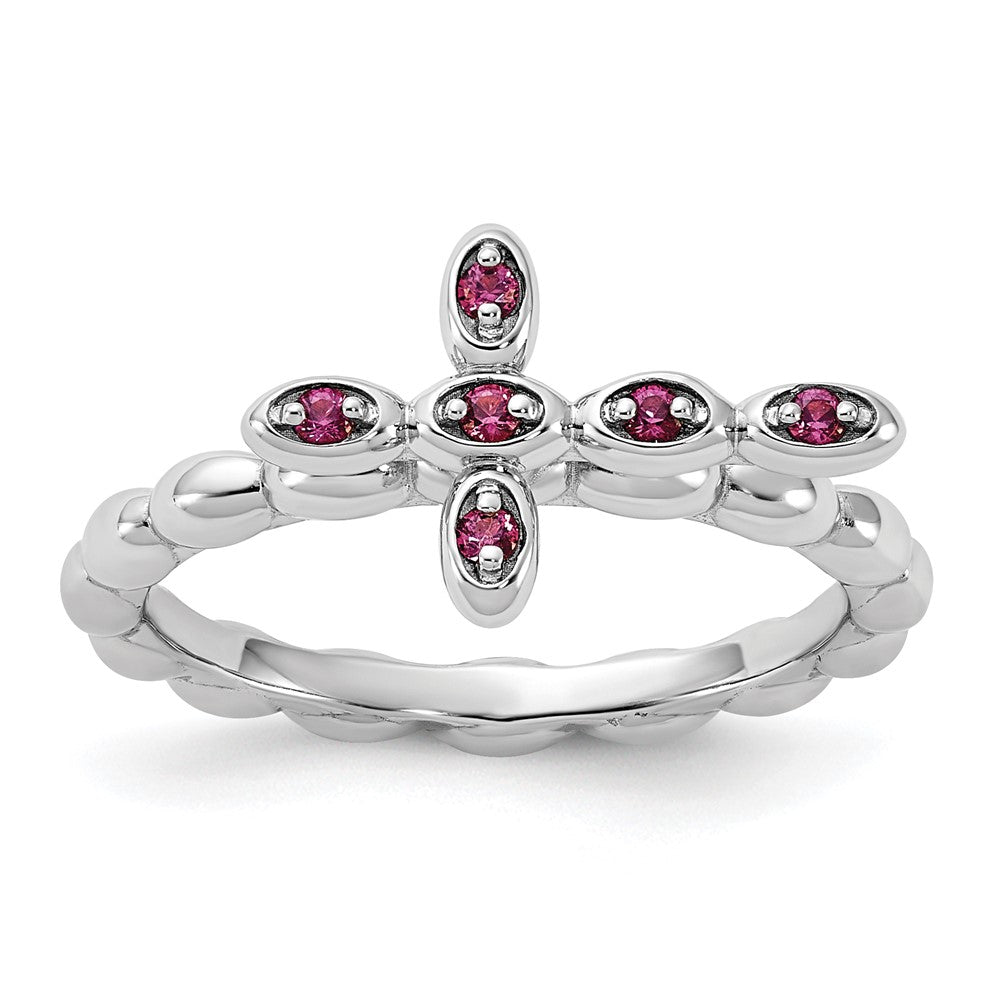 Exclusive Rhodium-Plated Rhodolite Cross Ring - Stylish Sterling Silver Design