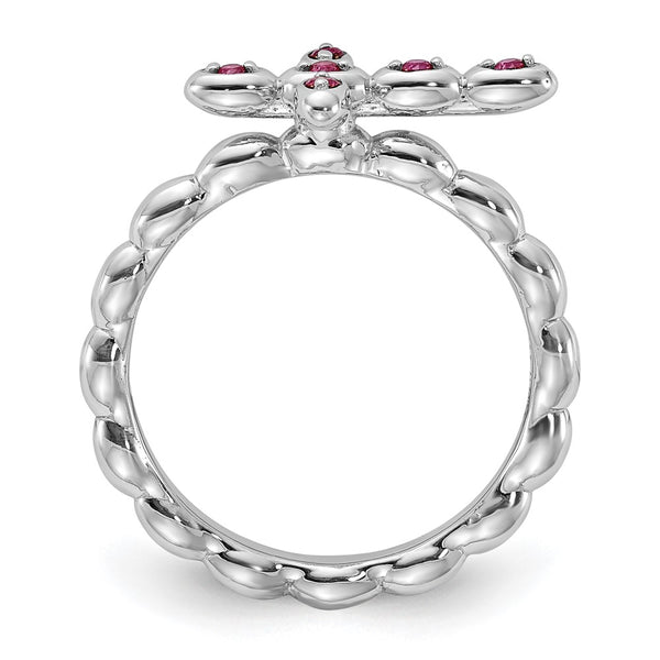 Rhodium-Plated Sterling Silver Stackable Cross Ring - Ruby Accents