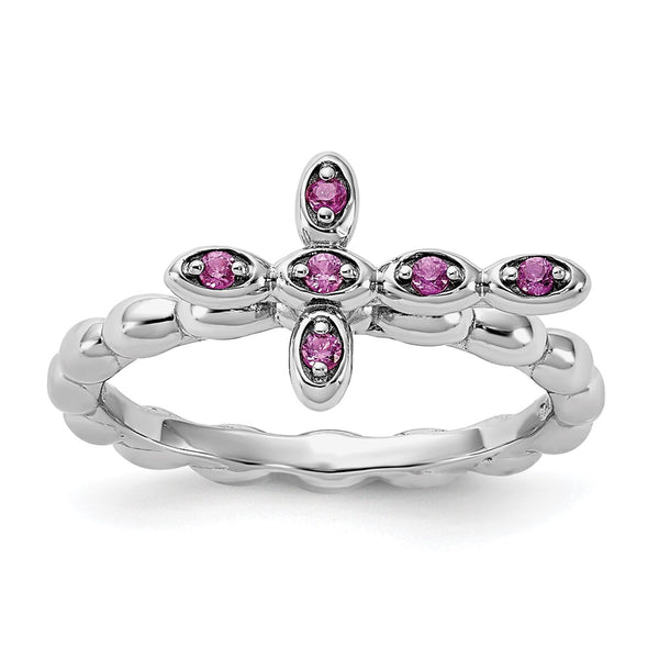 Rhodium-Plated Sterling Silver Stackable Cross Ring - Ruby Accents
