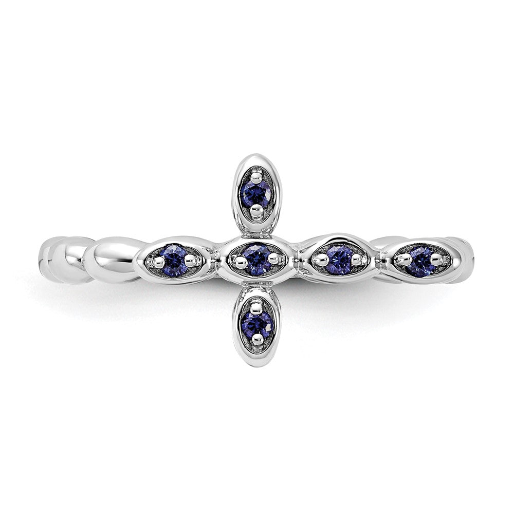 High-Quality Rhodium-Plated Sterling Silver Stackable Cross Ring | Stylish Sapphire Accents