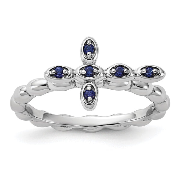 Rhodium-Plated Sterling Silver Stackable Cross Ring with Sapphire Accents