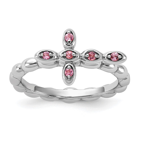 Rhodium-Plated Pink Tourmaline Cross Ring - Sterling Silver