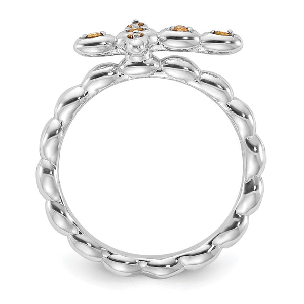 Rhodium-Plated Citrine Cross Ring - Sterling Silver Stackable