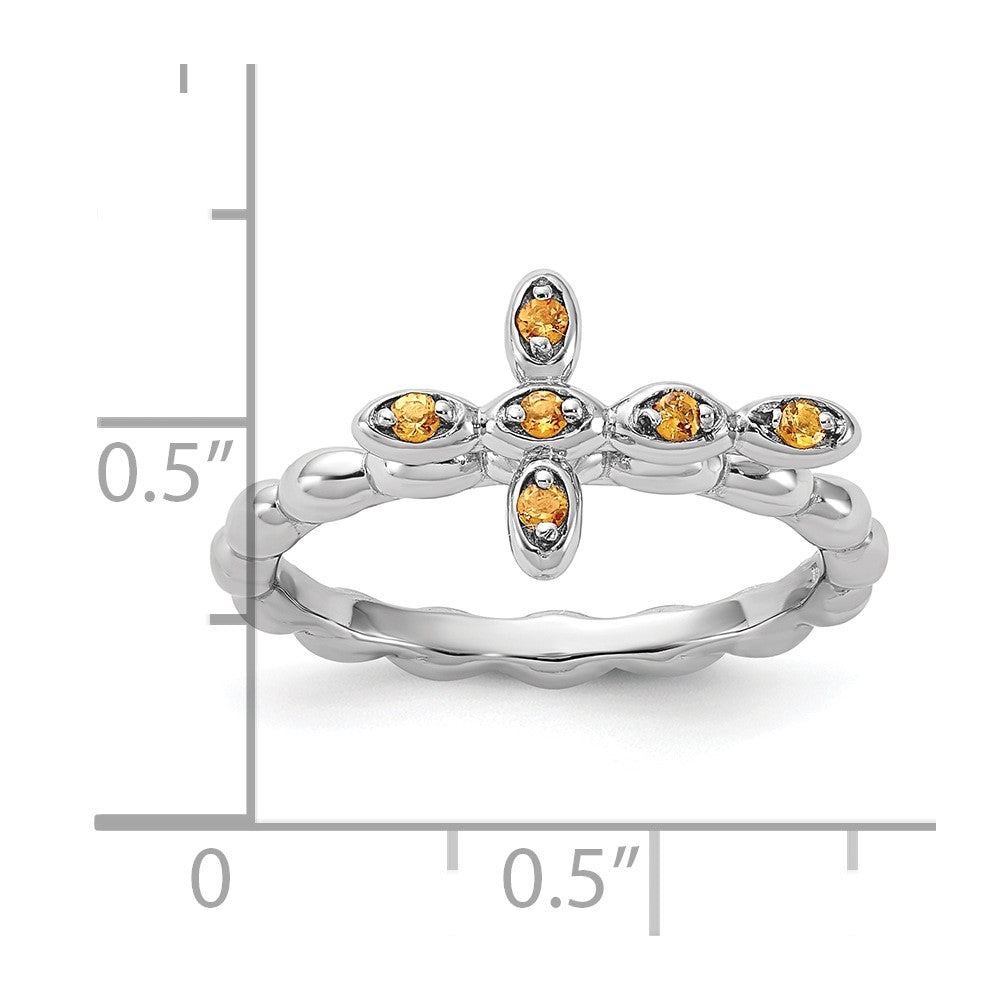 High-Quality Rhodium-Plated Citrine Cross Ring - Stylish Sterling Silver Stackable