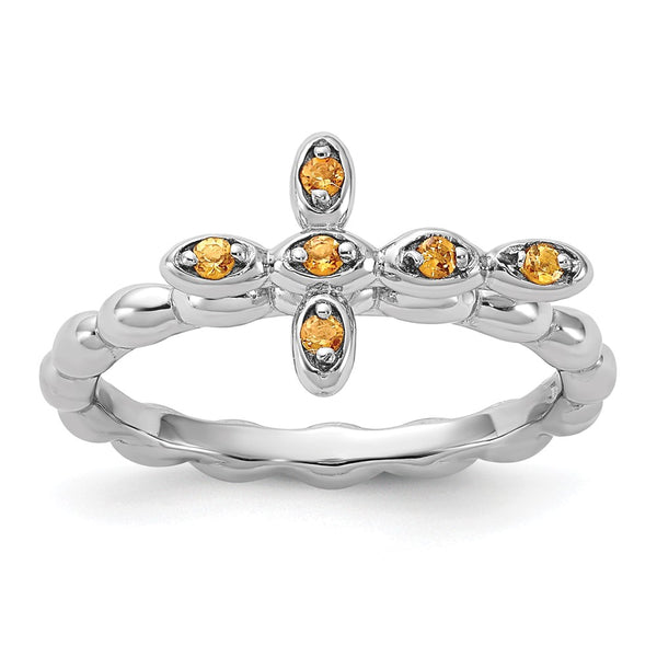 Rhodium-Plated Citrine Cross Ring - Sterling Silver Stackable
