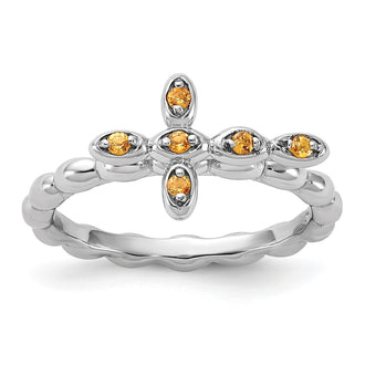 Exclusive Rhodium-Plated Citrine Cross Ring in Sterling Silver - Stylish Stackable Design