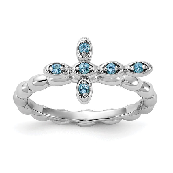 Rhodium-Plated Sterling Silver Blue Topaz Cross Ring - 8mm