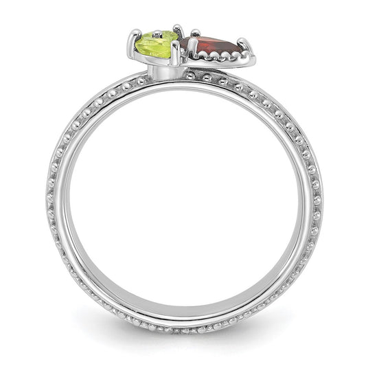 Buy Exclusive Rhodium-Plated Flower Ring: Stackable Sterling Silver with Garnet & Peridot. Stylish & Affordable!
