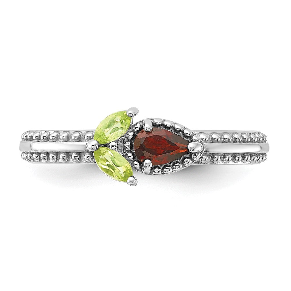 Exclusive Rhodium-Plated Textured Flower Ring with Garnet & Peridot - Stylish Stackable Sterling Silver