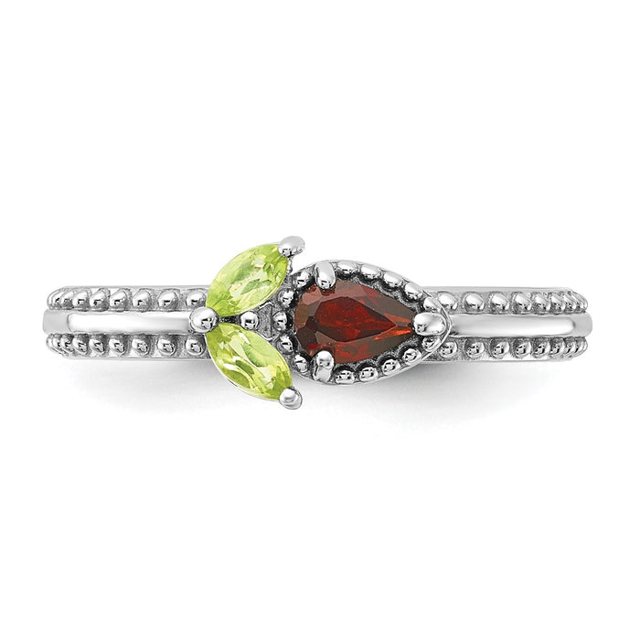 Exclusive Rhodium-Plated Textured Flower Ring with Garnet & Peridot - Stylish Stackable Sterling Silver-4