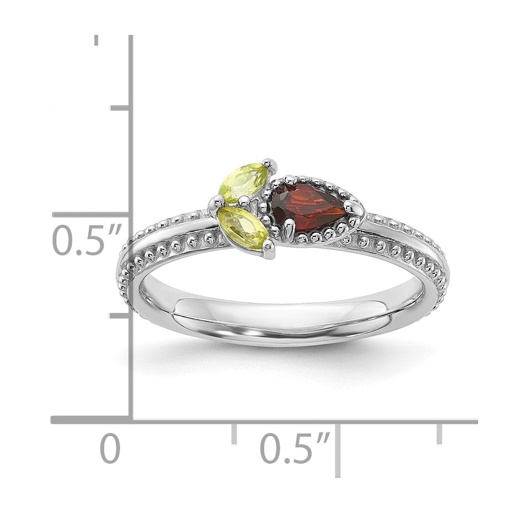 Exclusive Rhodium-Plated Flower Ring with Garnet & Peridot - Stylish Stackable Silver