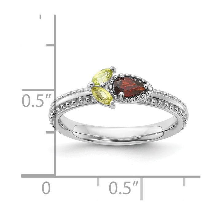 Exclusive Rhodium-Plated Flower Ring with Garnet & Peridot - Stylish Stackable Silver-5