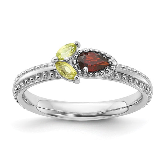 Exclusive Rhodium-Plated Textured Flower Ring with Garnet & Peridot - Stylish Stackable Sterling Silver