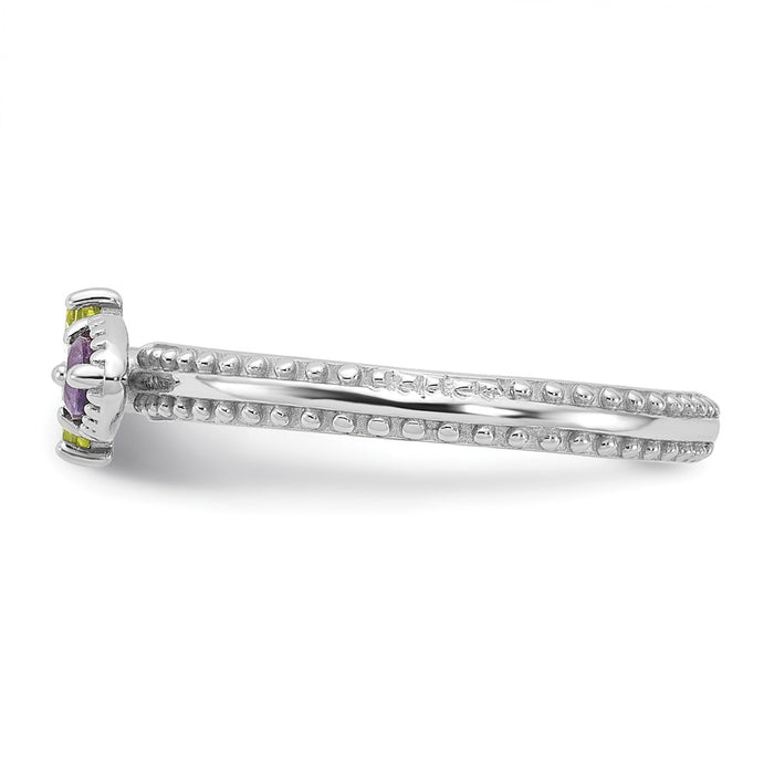 High-Quality Rhodium-Plated Sterling Silver Flower Ring with Amethyst & Peridot - Affordable Luxury Stackable Design-3