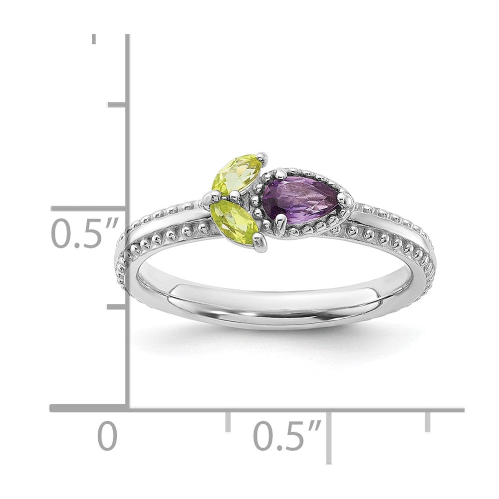 High-Quality Rhodium-Plated Sterling Silver Flower Ring with Amethyst & Peridot - Affordable Luxury Stackable Design