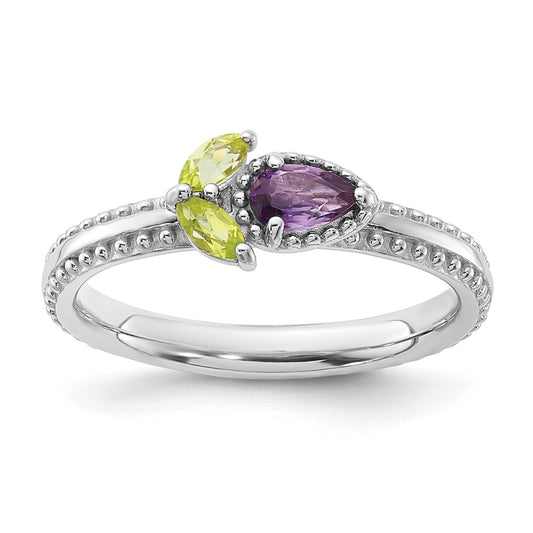 High-Quality Rhodium-Plated Sterling Silver Flower Ring with Amethyst & Peridot - Affordable Luxury Stackable Design