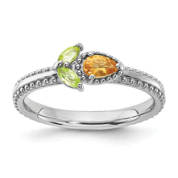 Rhodium-Plated Flower Ring with Citrine & Peridot - 14K Silver