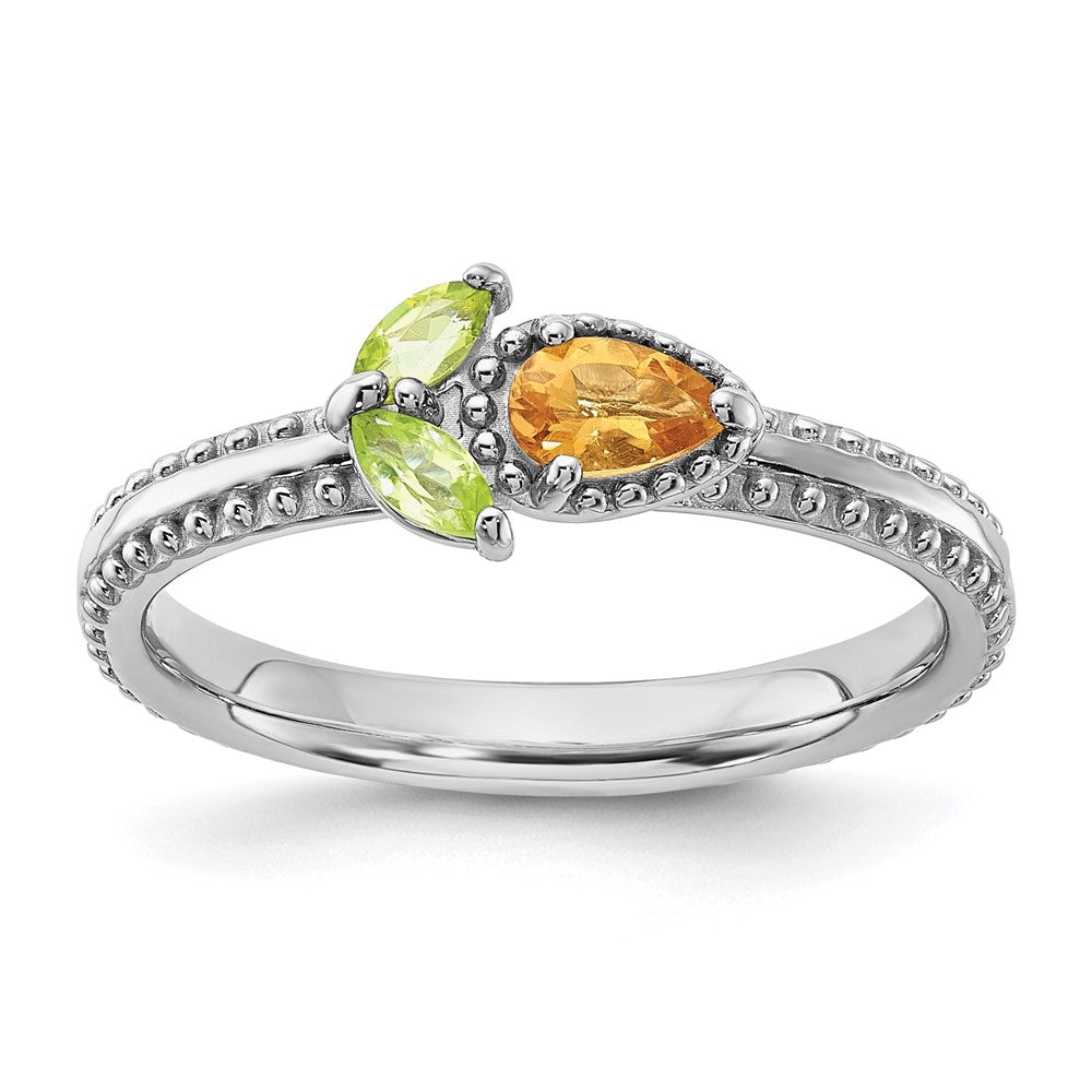 Exclusive Rhodium-Plated Textured Flower Ring - Stylish Citrine & Peridot