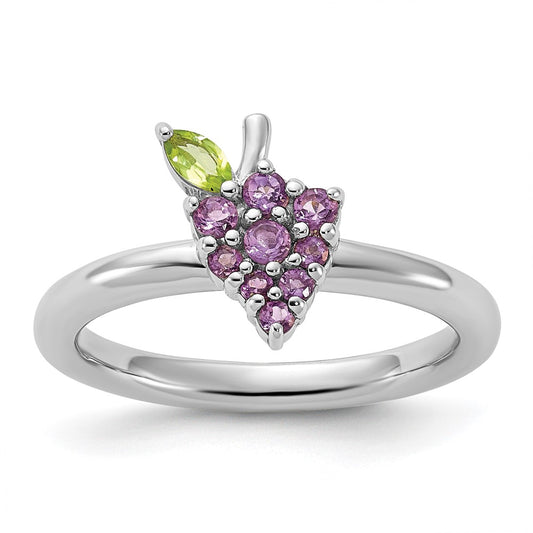 Exclusive Rhodium-Plated Sterling Silver Stackable Ring with Amethyst & Peridot, Stylish Value!