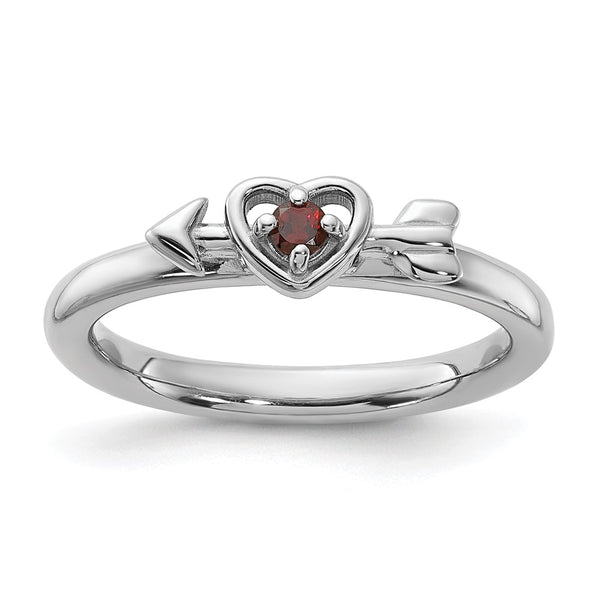 Rhodium-Plated Garnet Heart & Arrow Ring in Sterling Silver