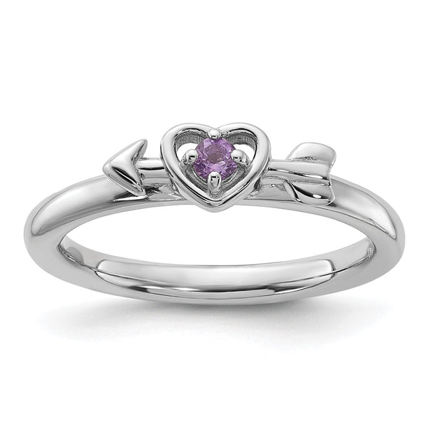 Rhodium-Plated Sterling Silver Stackable Heart Ring with Amethyst
