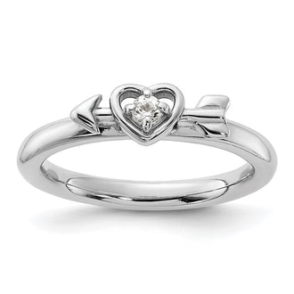 Exclusive Rhodium-Plated Sterling Silver Stackable Heart Ring - Stylish White Topaz Arrow Accent