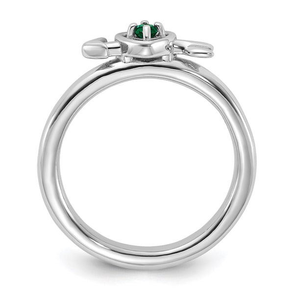 Rhodium-Plated Sterling Silver Heart Ring with Created Emerald