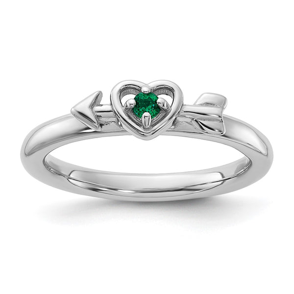 Rhodium-Plated Sterling Silver Heart Ring with Created Emerald