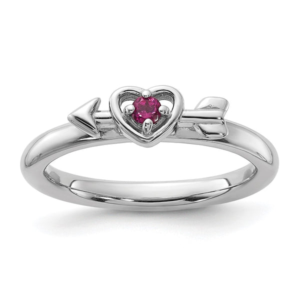 Rhodium-Plated Rhodolite Heart & Arrow Stackable Ring