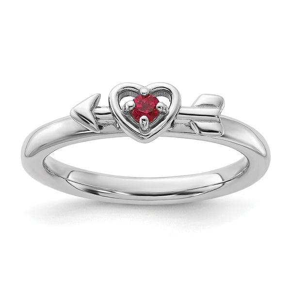 Rhodium-Plated Sterling Silver Heart Ring with Created Ruby