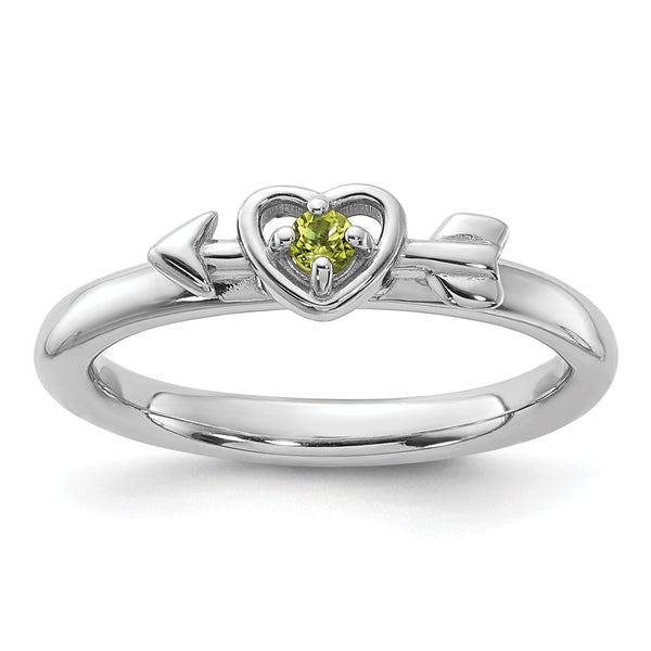 Rhodium-Plated Sterling Silver Stackable Heart Ring with Peridot Arrow