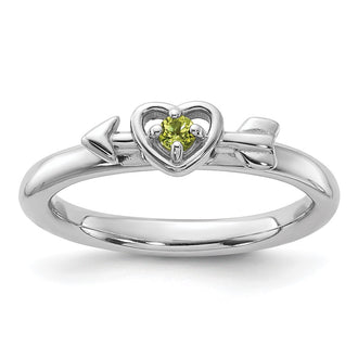 Exclusive Rhodium-Plated Sterling Silver Heart Ring with Peridot - Stylish Stackable Design