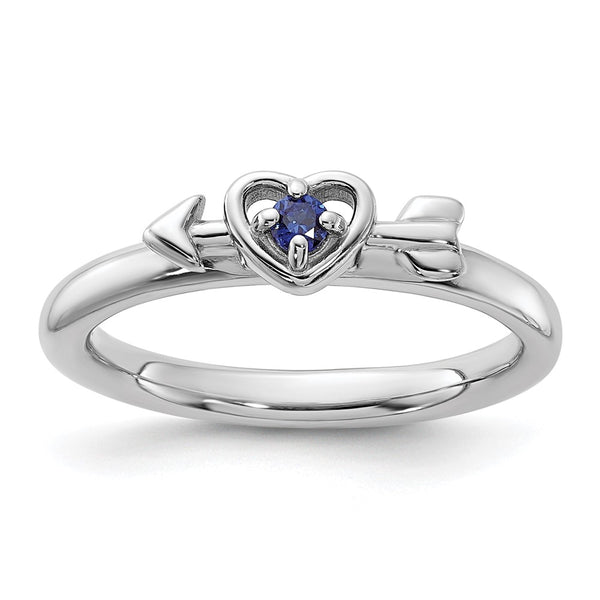 Rhodium-Plated Sterling Silver Stackable Heart Ring - Created Sapphire Arrow Accent