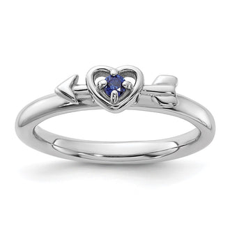 Exclusive Rhodium-Plated Sterling Silver Stackable Heart Ring - Stylish Sapphire Arrow Design