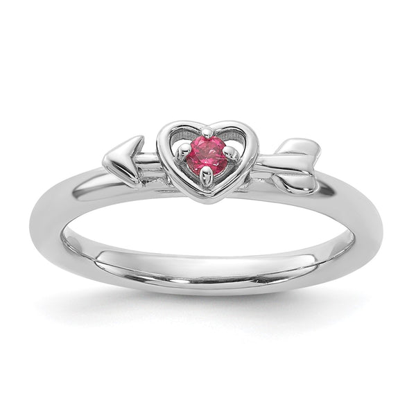 Rhodium-Plated Sterling Silver Stackable Heart Ring with Pink Tourmaline