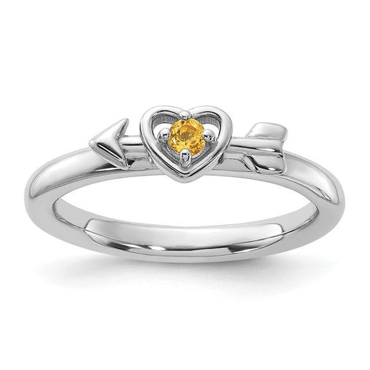 High-Quality Rhodium-Plated Sterling Silver Heart Ring, Stylish Citrine Design