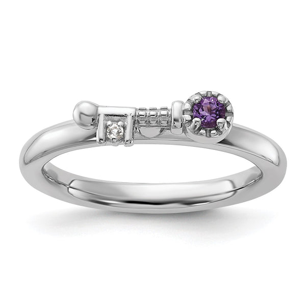 Rhodium-Plated Silver Key Ring with Amethyst & Topaz Accents