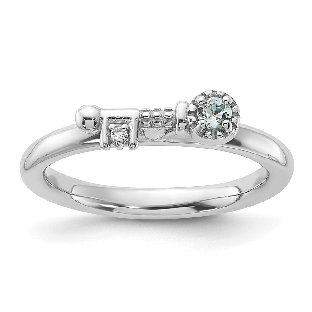 Exclusive Rhodium-Plated Sterling Silver Stackable Key Ring with Aquamarine & Topaz - Stylish Value!