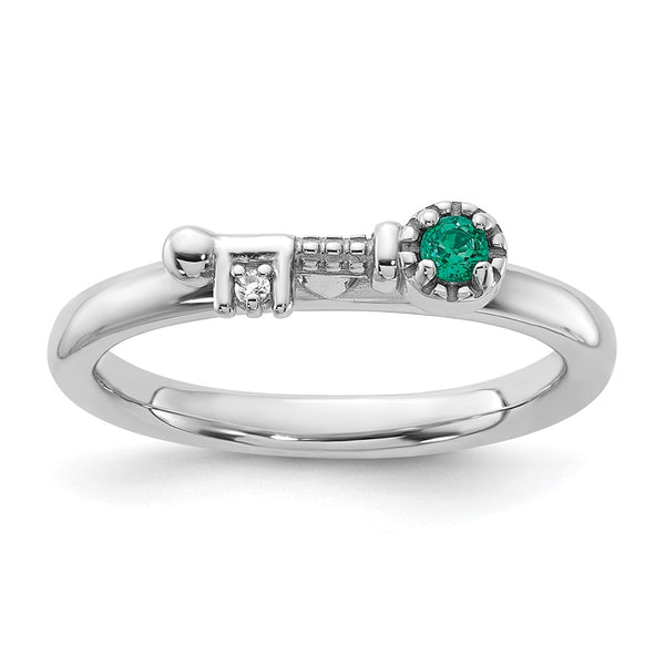 Rhodium-Plated Sterling Silver Stackable Key Ring - Emerald Topaz Accents