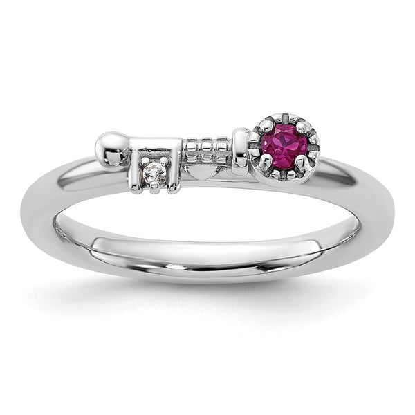 Rhodium-Plated Sterling Silver Stackable Key Ring with Ruby & Topaz