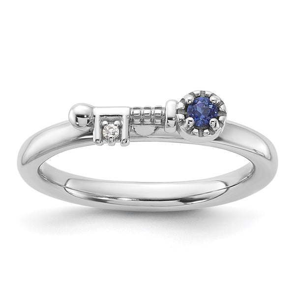 Rhodium-Plated Sterling Silver Key Ring with Created Sapphire