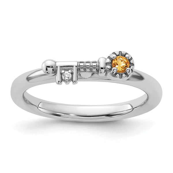 Rhodium-Plated Sterling Silver Stackable Key Ring with Citrine & Topaz