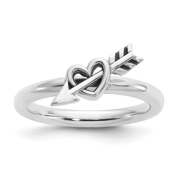 Antiqued Heart & Arrow Stackable Ring in Sterling Silver - 14K Gold Accents